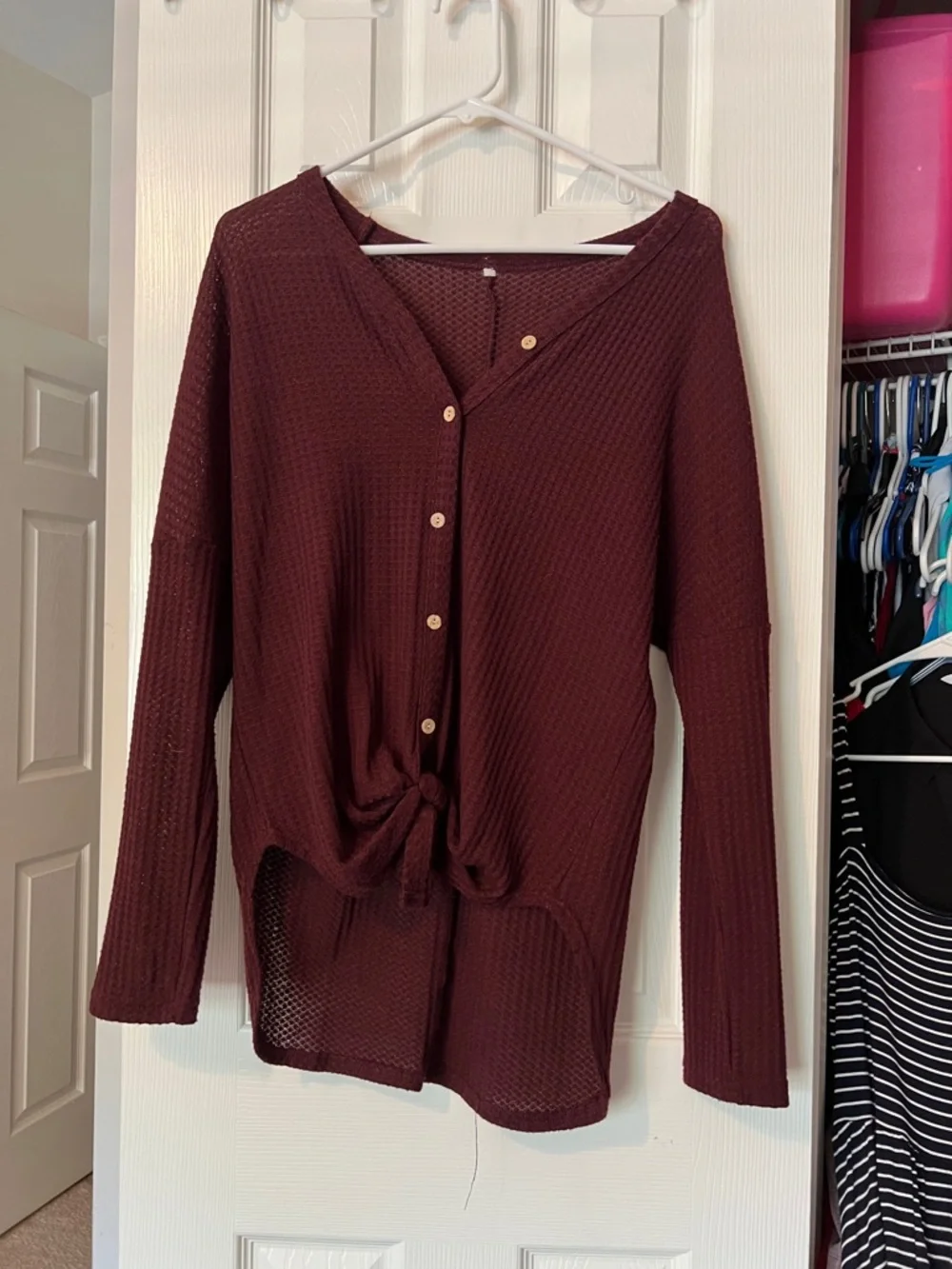 3 Casual Tie-Front Waffle Knit Sweater - Beige, Black, Burgundy - Picture 2 of 4